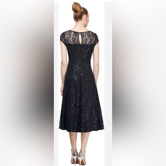 NWT SLNY Lace Sequins Midi Black Dress Size 2 - Picture 2 of 11